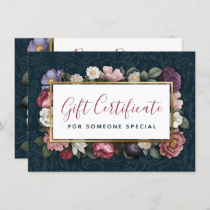 Rokoko Damask & Floral Navy Geschenkkarte Einladung