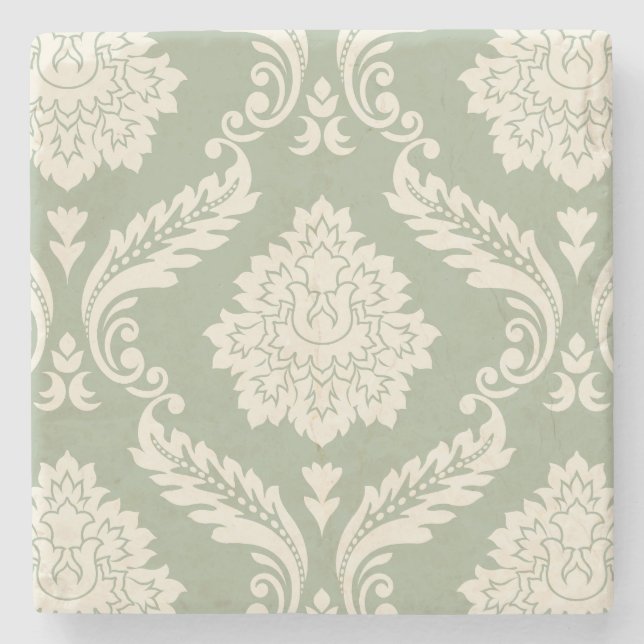 Rokoko-Damask großes Muster Creme auf Grün Steinuntersetzer (Vorderseite)