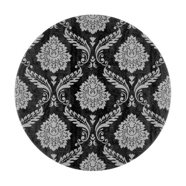 Rokoko-Damask großes Muster Grau auf Schwarz Schneidebrett (Vorderseite)