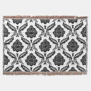 Rokoko-Damask großes Muster Schwarz auf Weiß Decke