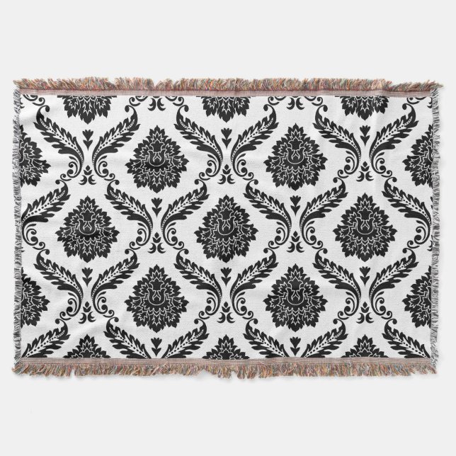 Rokoko-Damask großes Muster Schwarz auf Weiß Decke (Vorderseite)
