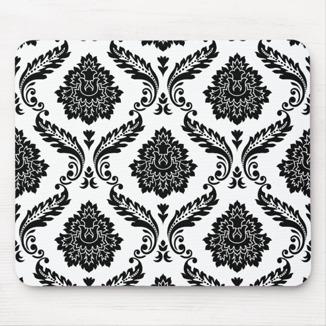 Rokoko-Damask großes Muster Schwarz auf Weiß Mousepad (Vorne)