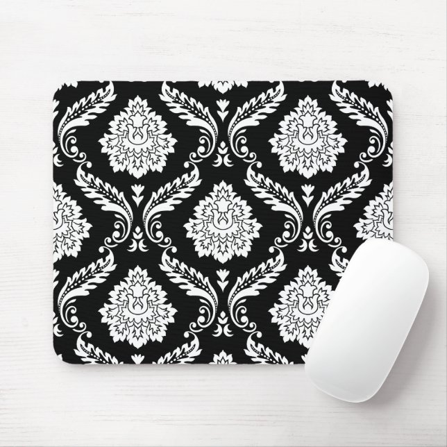 Rokoko-Damask Großes Muster Weiß auf Schwarz Mousepad (Mit Mouse)
