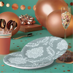 Rokoko-Damask-Kunst I Enteneibl Blau+Türkis Pappteller