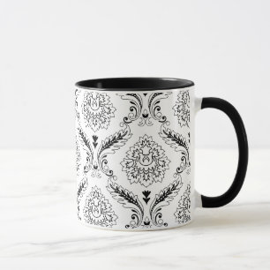 Rokoko-Damask-Linienmuster Schwarz auf Weiß Tasse
