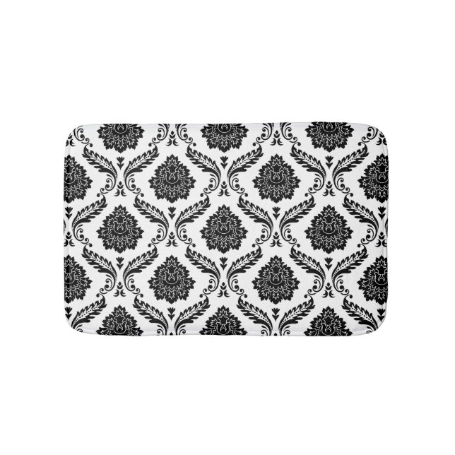 Rokoko-Damaskmuster Schwarz auf Weiß Badematte (Vorderseite)