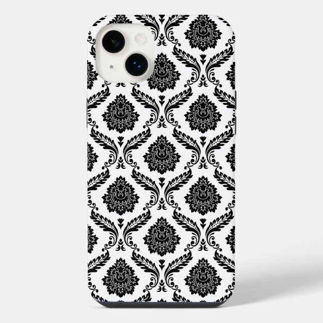 Rokoko-Damaskmuster Schwarz auf Weiß iPhone Hülle (Rückseite)