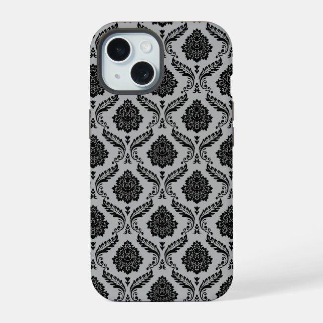 Rokoko-Damaskusmuster Schwarz auf Grau iPhone 15 Hülle (Rückseite)