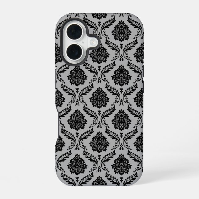 Rokoko-Damaskusmuster Schwarz auf Grau iPhone 16 Hülle (Rückseite)