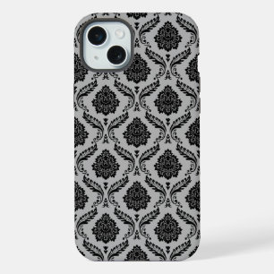 Rokoko-Damaskusmuster Schwarz auf Grau iPhone 15 Plus Hülle