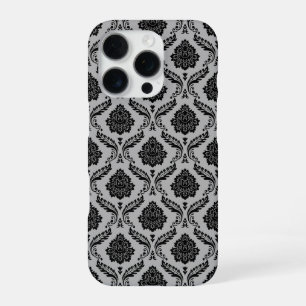 Rokoko-Damaskusmuster Schwarz auf Grau iPhone 16 Pro Hülle