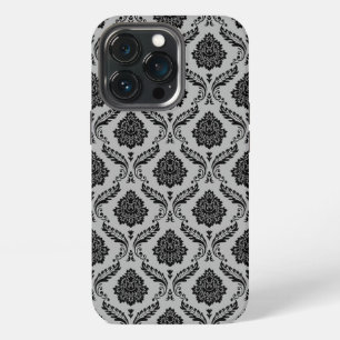 Rokoko-Damaskusmuster Schwarz auf Grau iPhone 13 Pro Hülle
