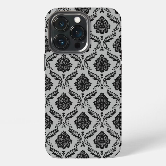 Rokoko-Damaskusmuster Schwarz auf Grau iPhone Hülle (Hinten)