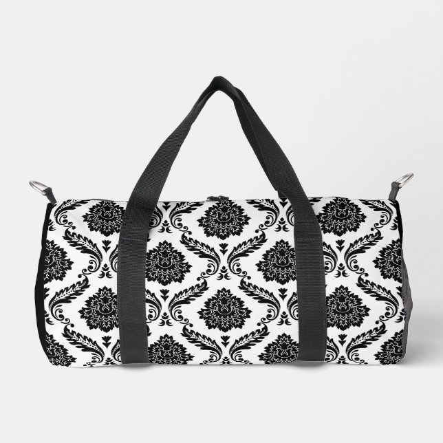 Rokoko-Damaskusmuster Schwarz auf Weiß Duffle Bag (Vorderseite)