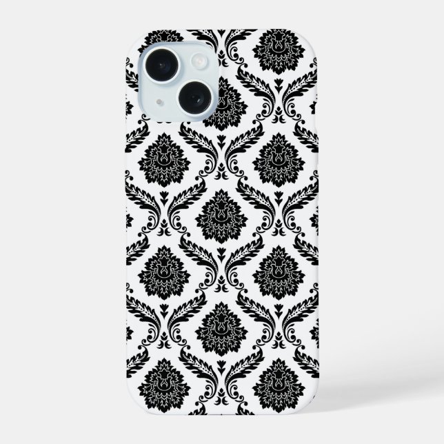 Rokoko-Damaskusmuster Schwarz auf Weiß iPhone 15 Hülle (Rückseite)
