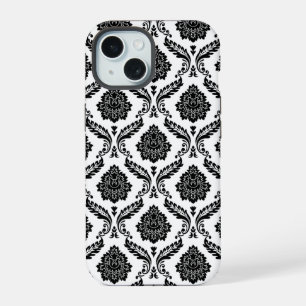 Rokoko-Damaskusmuster Schwarz auf Weiß iPhone 15 Hülle