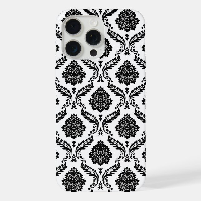 Rokoko-Damaskusmuster Schwarz auf Weiß iPhone Hülle (Rückseite)