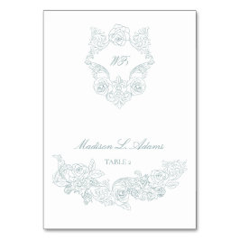 Rokoko Dusty Blue Elegante Platzkarte für Folbleit Tischnummer