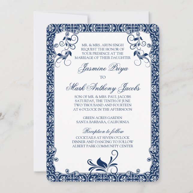 Rokoko Floral Navy Blue White Wedding Einladung (Vorderseite)