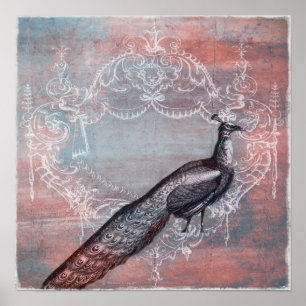 Rokoko Französisch Blue & Pink Peacock Print Poster