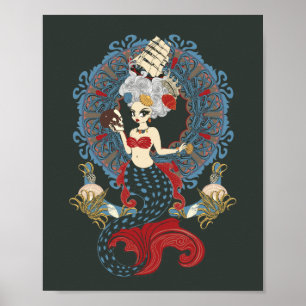 Rokoko mermaid art nouveau card poster