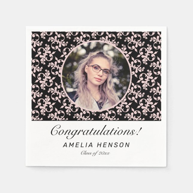 Rokoko Pink Black Graduate Foto Abschluss Serviette (Vorderseite)