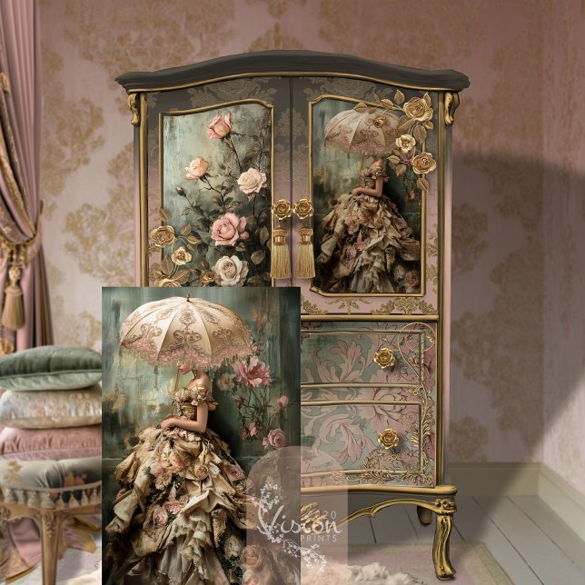 Rokoko Rose Romance Portrait & Floral Seidenpapier (Rococo Romance Elegant Woman, Bouffant dress & Parasol, Portrait Art Decoupage Tissue Paper)
