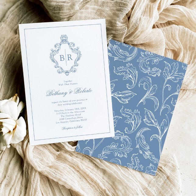 Rokoko Vintag Monogram Blue Wedding Einladung (Von Creator hochgeladen)