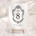 Rokoko Vintage Wedding Tischnummer<br><div class="desc">Erleben Sie Eleganz an Ihrem besonderen Tag mit unseren sorgfältig gefertigten Monogram Rokoko Wedding Tischnummern. Diese Karten heben jedes Hochzeitstisch-Ambiente hervor,  mit einer einfachen,  weißen Kulisse,  die einen detaillierten Vintagen,  verzierten Rahmen in Schwarz schmückt,  und einer Tischnummer,  die leicht zu personalisieren ist.</div>