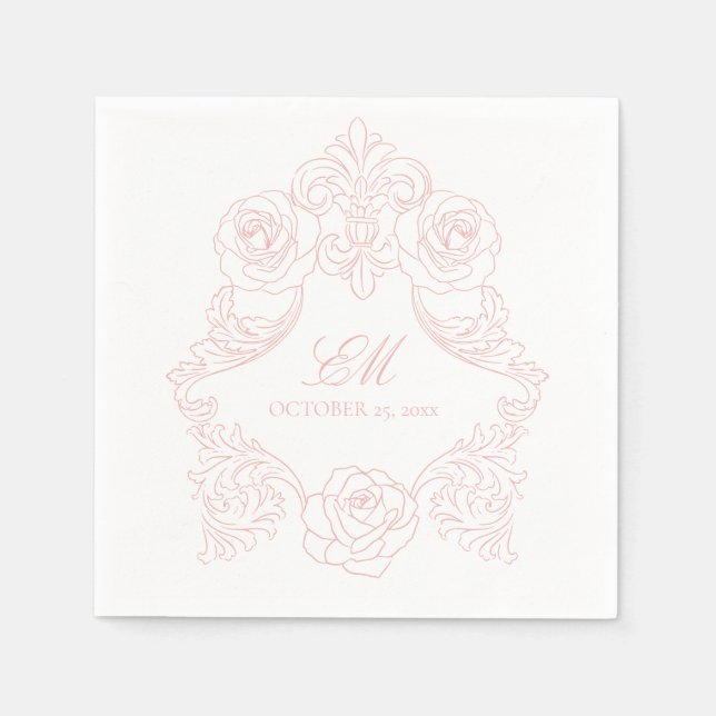 Rokoko-Wappen-Monogramm-Rosa-Hochzeitslogo Serviette (Vorderseite)