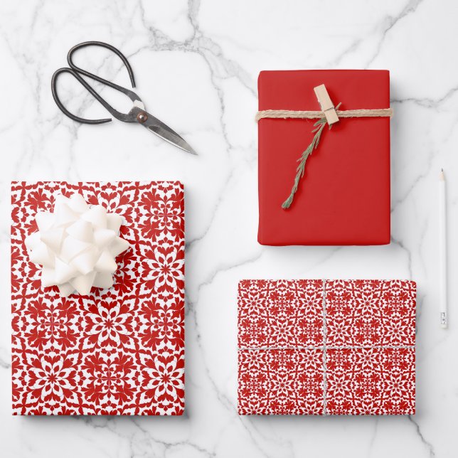 Rokokoziermuster Rot & Weiß Geschenkpapier Set (Vorderseite)