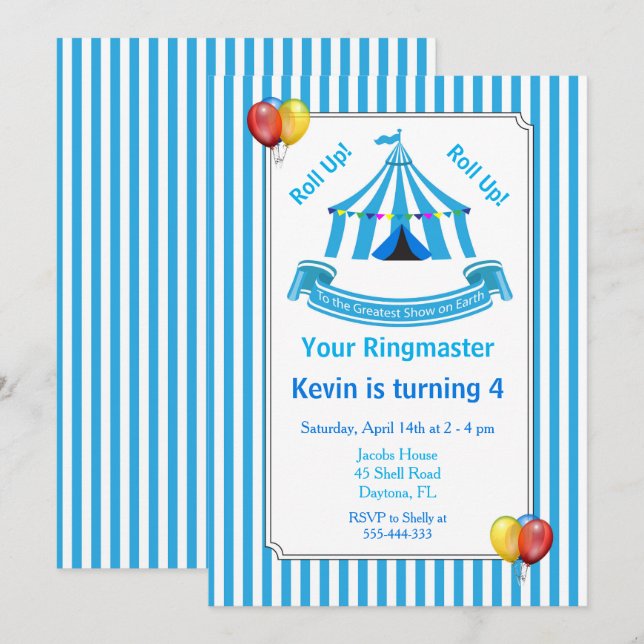 Roll hoch! Roll hoch! Circus Birthday Party Blue Einladung (Vorne/Hinten)