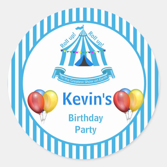 Roll hoch! Roll hoch! Circus Birthday Party Blue Runder Aufkleber (Vorderseite)