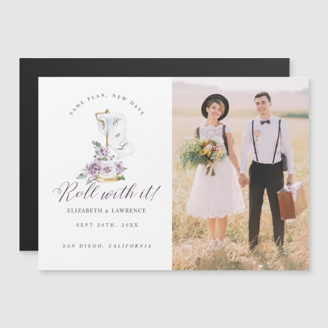 Roll mit ihm elegantes Violett Florals & Toiletten Magnetkarte (Vorne/Hinten)