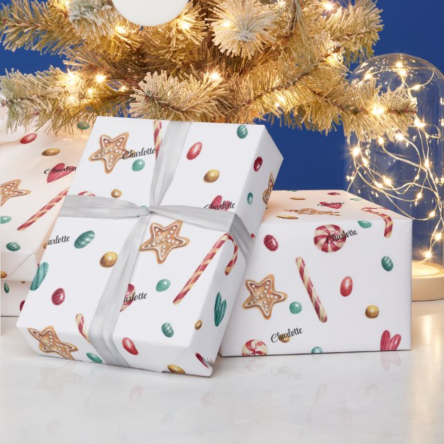 Roll, Name auf Whimsy Holiday Candy Muster Geschenkpapier (Feiertage)