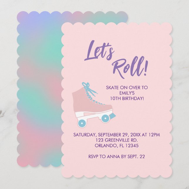 Roll Pink 90er-Mädchen Roller Rink Geburtstag Einladung (Vorne/Hinten)