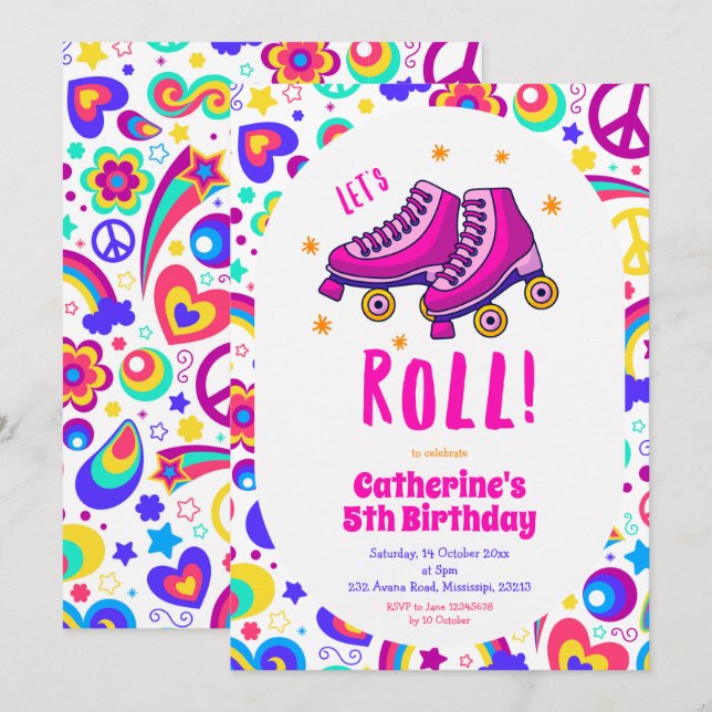 Roll Pink zum Geburtstag Einladung (Vorne/Hinten)