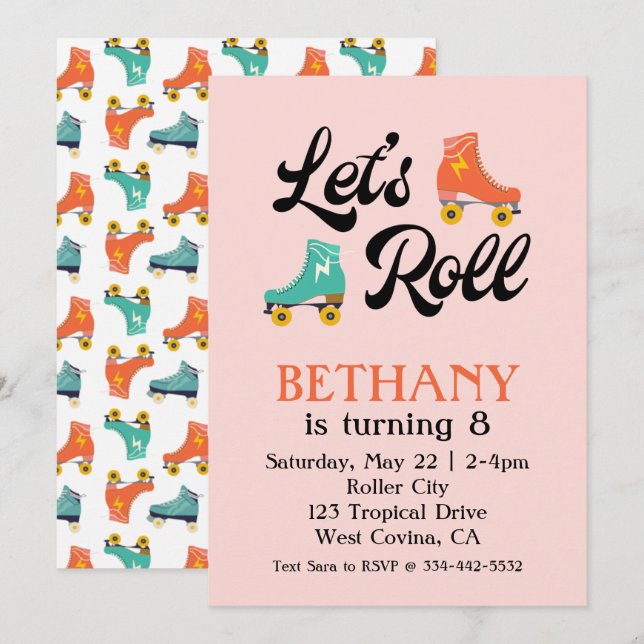 Roll Roller Skate zum Geburtstag Einladung (Vorne/Hinten)