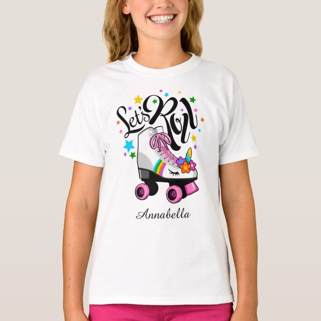 Roll Unicorn Roller Skate T - Shirt für Mädchen. (Vorderseite)