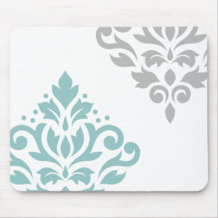 Rolle-Damast-Kunst I aquamarin u. Grau auf Weiß Mousepad
