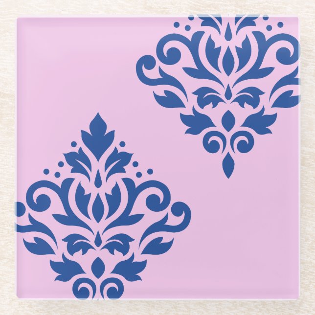 Rollen Damask Art I Blue on Pink Glasuntersetzer (Vorderseite)