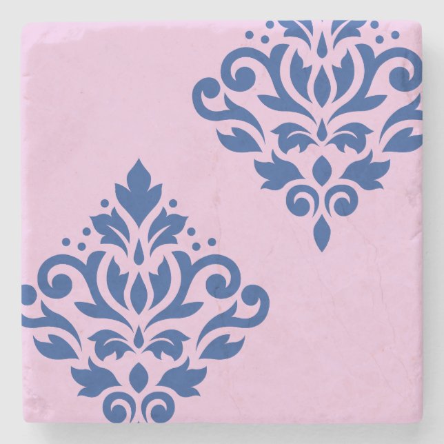 Rollen Damask Art I Blue on Pink Steinuntersetzer (Vorderseite)