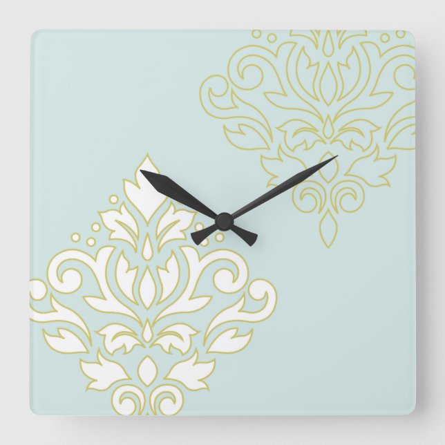 Rollen Damask Art I (Kontur) mit Aquamarinem Gld L Quadratische Wanduhr (Vorderseite)