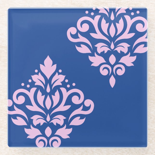 Rollen Damask Art I Pink on Blue Glasuntersetzer (Vorderseite)