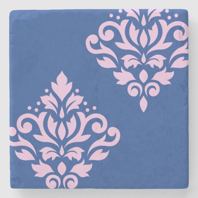 Rollen Damask Art I Pink on Blue Steinuntersetzer (Vorderseite)