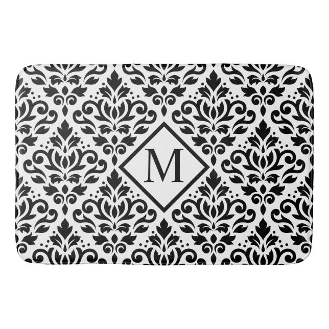 Rollen Damask Ptn Black on White (Personalisiert) Badematte (Vorderseite)