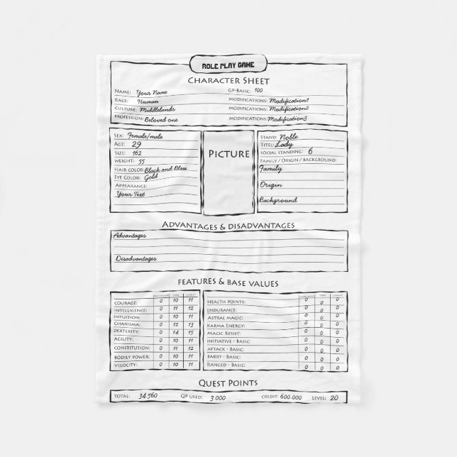 Rollenspielspiel-Charakterblatt Fleecedecke (Vorderseite)