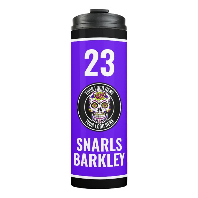 Roller Derby Logo Lila Schwarz Teamname Uniform Thermosbecher (Vorderseite)