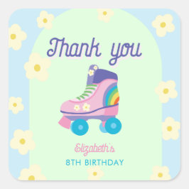 Roller Skate Birthday Thank You Retro Rainbow Kids Quadratischer Aufkleber