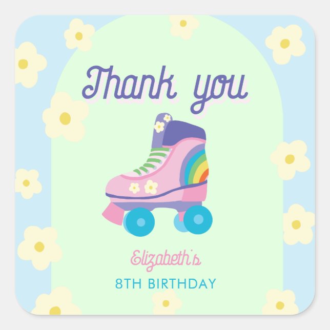 Roller Skate Birthday Thank You Retro Rainbow Kids Quadratischer Aufkleber (Vorderseite)